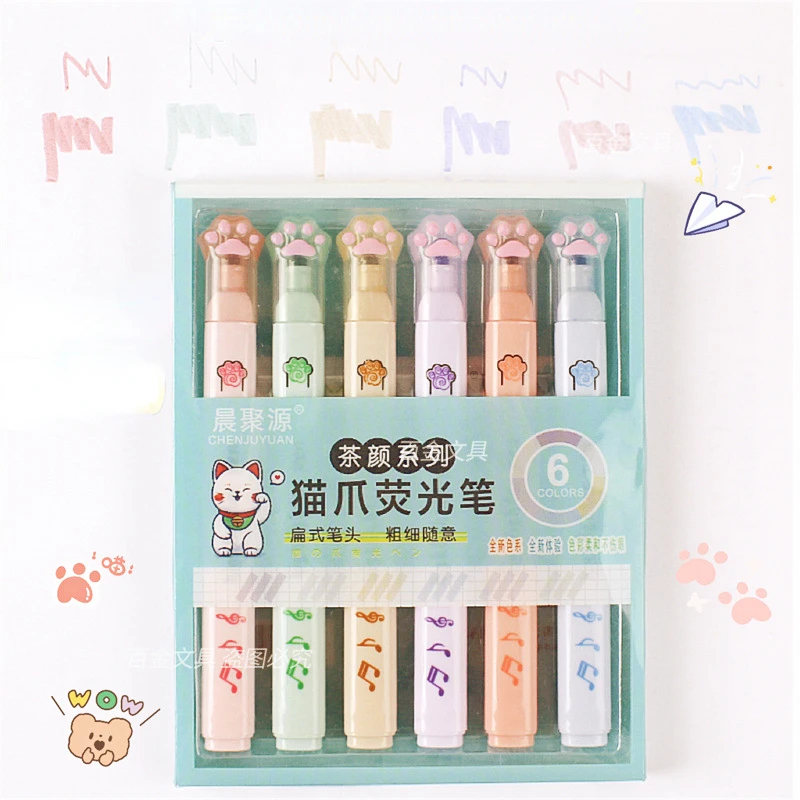 

6 pcs/set Cute Cat Claw Pale Color Highlighters Art Markers Fluorescent Pen Gift Stationery School Supplies