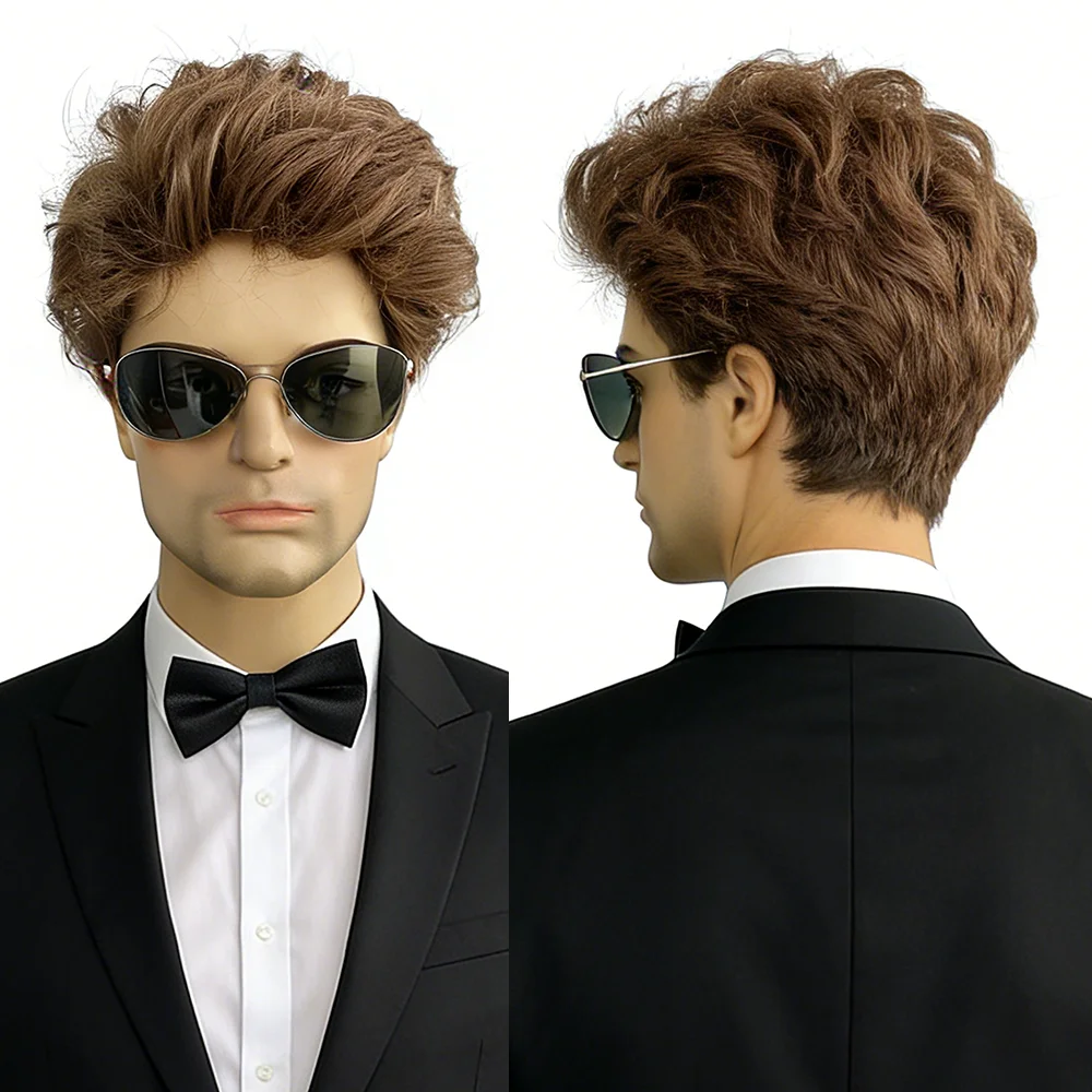 

Men's Natural Short Curly Wig Light Golden Brown Breathable Adjustable Heat Resistant Synthetic Wig For Cosplay Daily Party Use