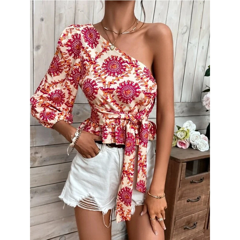 Cross border 2024 New Summer Mandala Printed One Shoulder Lantern Sleeves with ruffled hem, tied shirt and top with straps