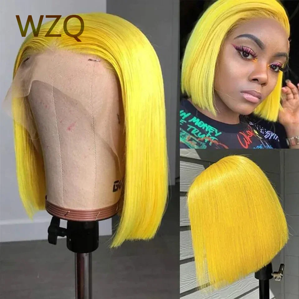 

180 Density Bright Yellow Straight Short Bob Transparent 13X4 HD Lace Frontal Wigs Brazilian Colored Human Hair Wig For Women