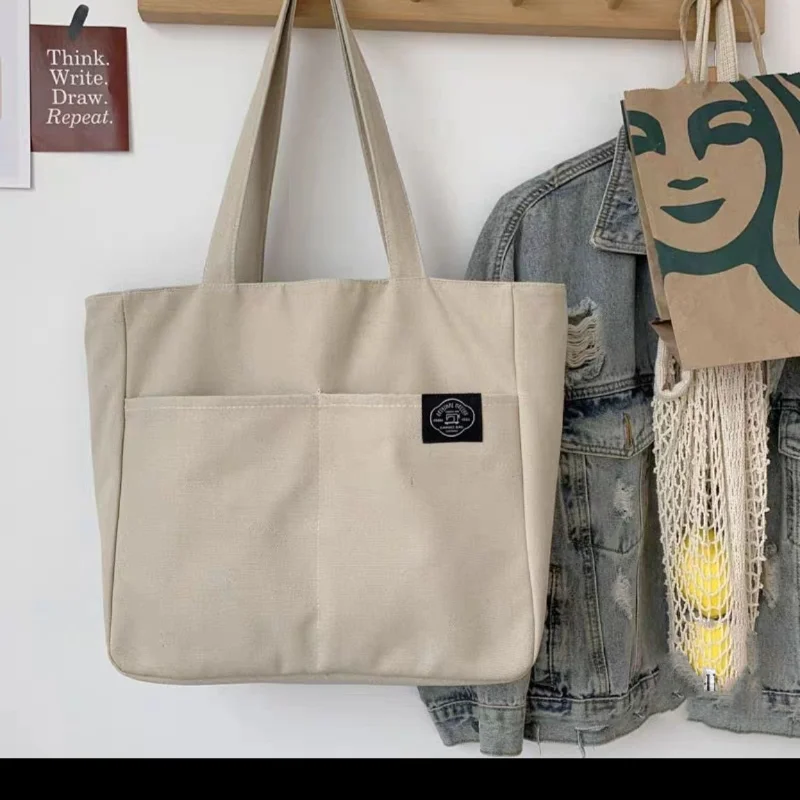 Women Canvas Tote Bag Solid Color Designer Ladies Casual Handbag Shoulder Bag Large Capacity Cotton Reusable Shopping Beach Bag