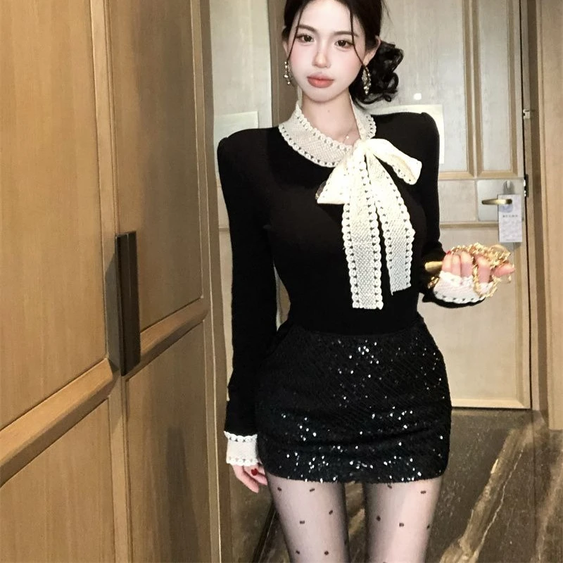 Women's 2026 Summer Tweed Bow Tie Long Sleeve Top Slim Fit Elegant Coquette Korean Chic Versatile Sweet Going Out Trendy view 4