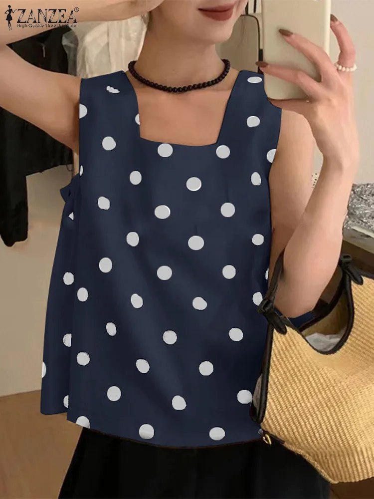 ZANZEA Fashion Holiday Tanks Tops Summer Polka Dot Camis Elegant Women Sleeveess Party Blouse Square Collar Office Work T-shirts