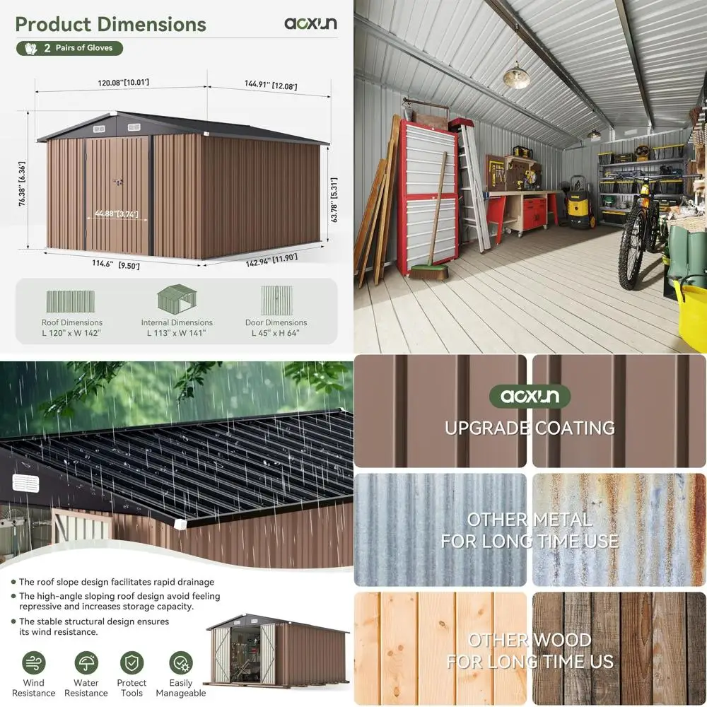 

Металлический навес для хранения на открытом воздухе размером 12 x 10 футов с двойной навесной дверью, запираемой и наклонной крышей для использования в саду и на заднем дворе