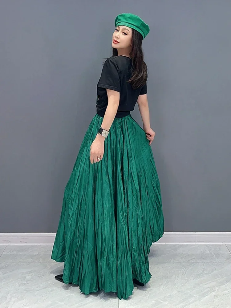 XITAO Pleated Solid Casual Skirts Women Korea Summer New Arrival Personality Fashion Loose All Match Mid-calf Skirts DMJ1498