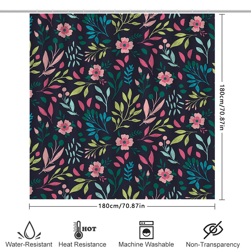 مجموعة ستائر الدش الزهرية متعددة الألوان لديكور حمام الزهور للديكور المنزلي لون أزرق داكن مع طباعة زهور وردية على القماش 72 #6