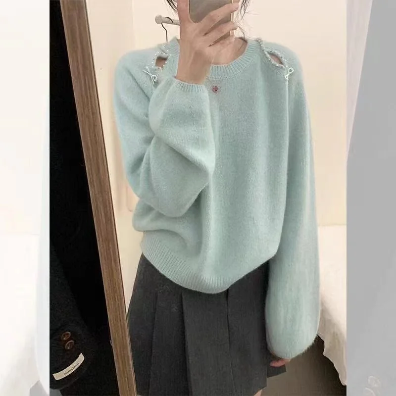 

Женский вязаный ажурный круглый свитер с узлом, украшение, осень-зима, новый дизайн, корейский топ