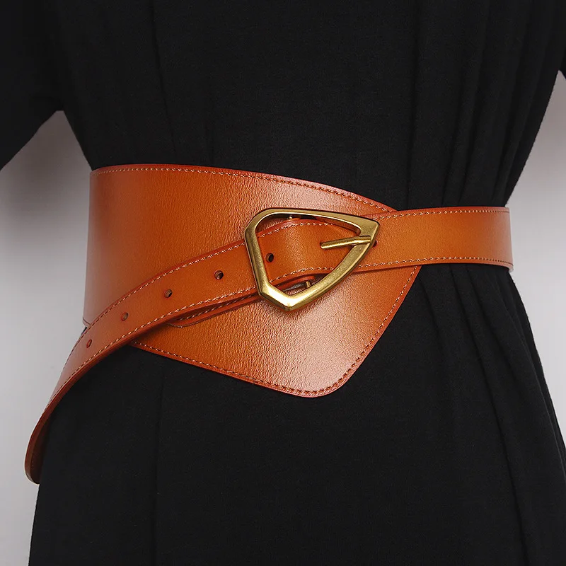 Luxurious European and American versatile cowhide women's waist wide belt with shirt dress coat oblique buckle decorative waist