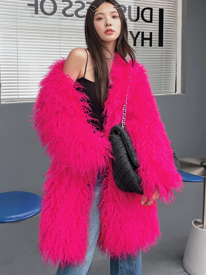 Female Fashion Red Faux Fur Coat V-neck Lady Long Jacket Shaggy Outerwear Women\'s Coats Factory Direct Sales