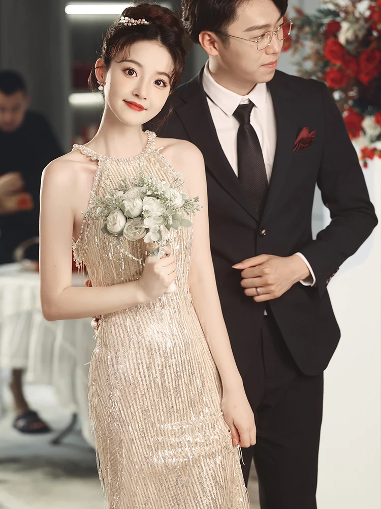 

Элегантное вечернее платье цвета шампань с хвостом русалки для женщин, высококачественное корейское платье для ведущей, с завышенной талией, длинная юбка