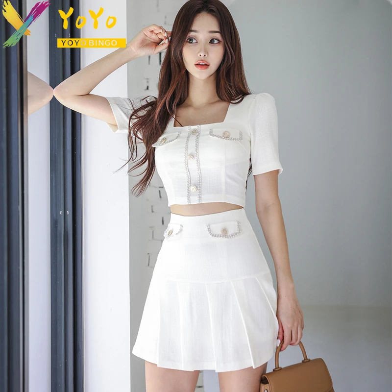 

YoYo Bingo Formal Set White Square Neck Top + Pleated Short Skirt 2023 Summer Slim Bodycon Office Lady Work 2 Pieces Set