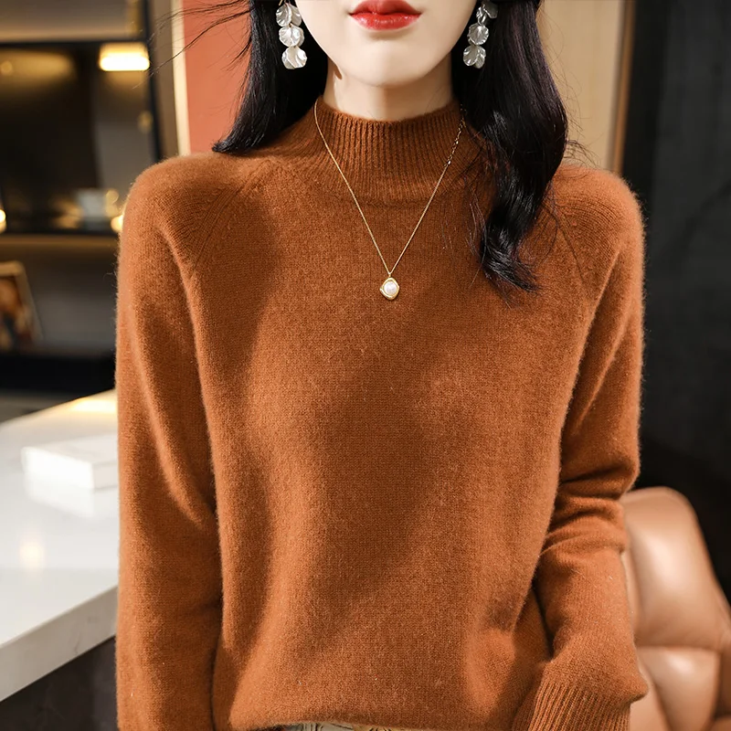 LDZWSM Wool Sweater Women Pure Color Half high collar Casual Long-sleeved Loose Pullover Wool Sweater Women's