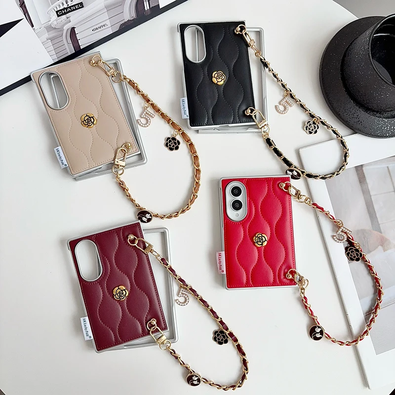 Luxury Cute Camellia Flower Wave Leather Phone Case For Samsung Galaxy Z Fold 8 7 Fold7 Fold8 Cover with Chain Korean Cases Capa