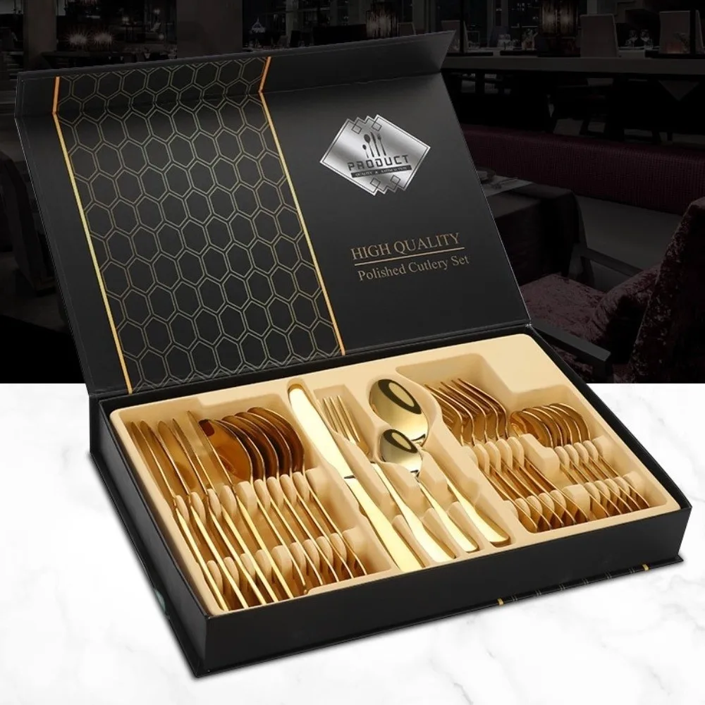 

24 Pcs Food Grade Cutlery Set with Box Minimalist Decor Dinner Spoon Fork Set Light Luxury Portable Stainless Steel Tableware