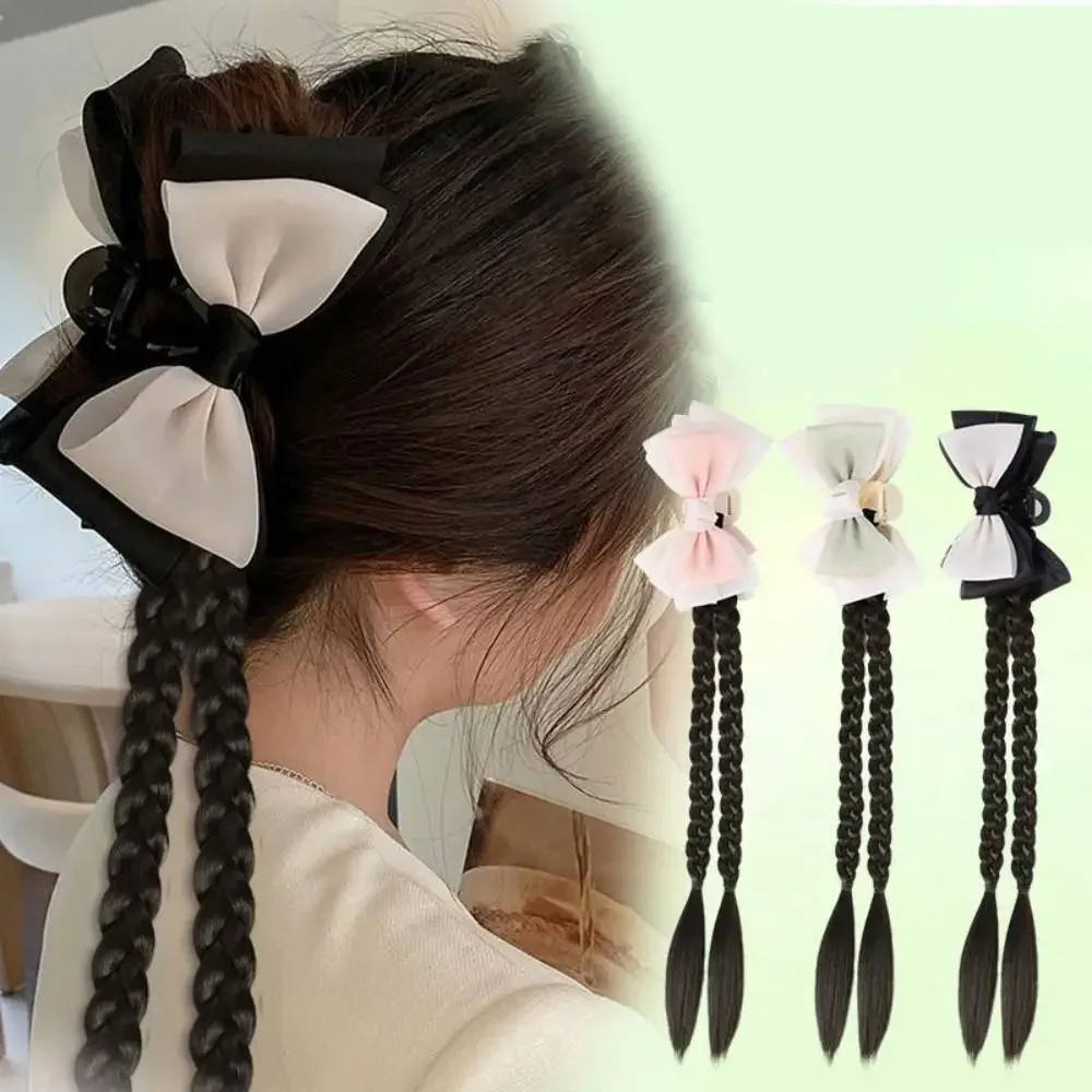 

Women Bowknot Synthetic wig Double Ponytail Grabber Clip Wig Bow Flower Clip Wig Sweet versatile Fake Ponytail Hair Extension