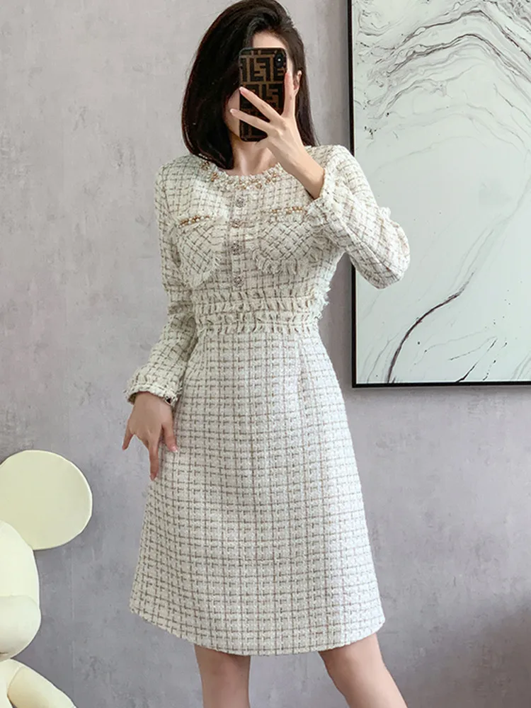 High Quality Luxury Design Runway Small Fragrance Tweed Dresses For Women Fashion Beading Winter Woolen Dress Female Party Dress