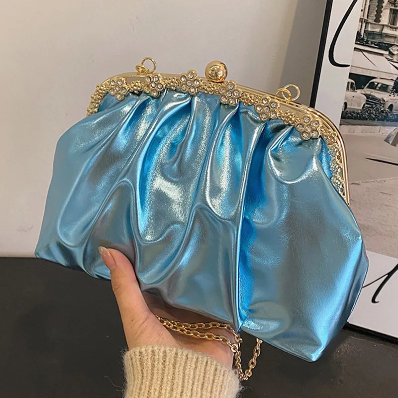 2023 Luxury Women Glitter Crystal Crossbody Bags Silver Green Clip Shell Chic Handbags Female Chain Shoulder Bags Party Clutch