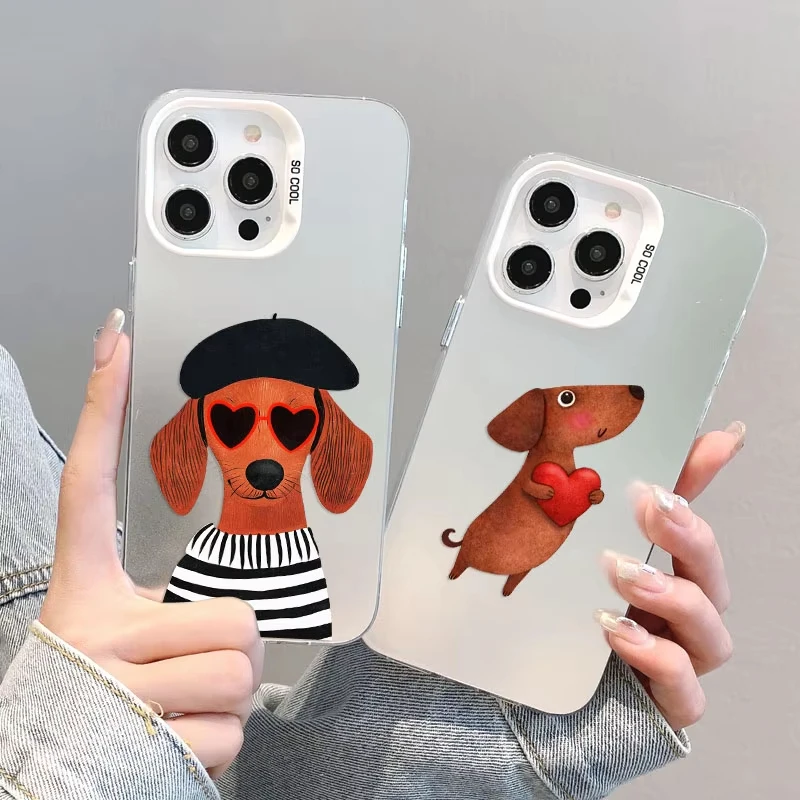 Cute Brown Dachshund Minimalist Laser IMD Phone Case For Samsung S25 FE S24 Plus S23 Ultra S22 S21Shockproof Soft TPU Back Cover