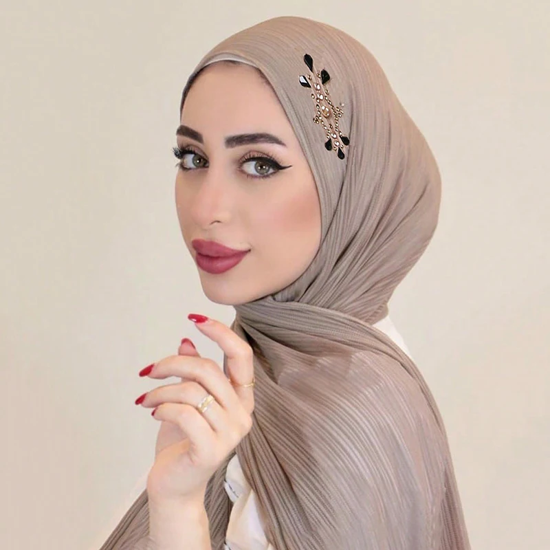 Fashion Ribbed Jersey Hijab Muslim Plain Scarf Crepe Rhinestone Hijab Soft Islamic Shawls Wraps Headband for Women image 2