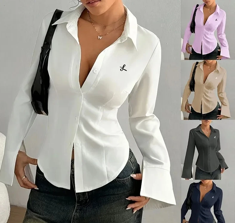 

Long Sleeve Embroidered Casual Slim Fit Business Shirt French Holiday Top for Women with Button Placket