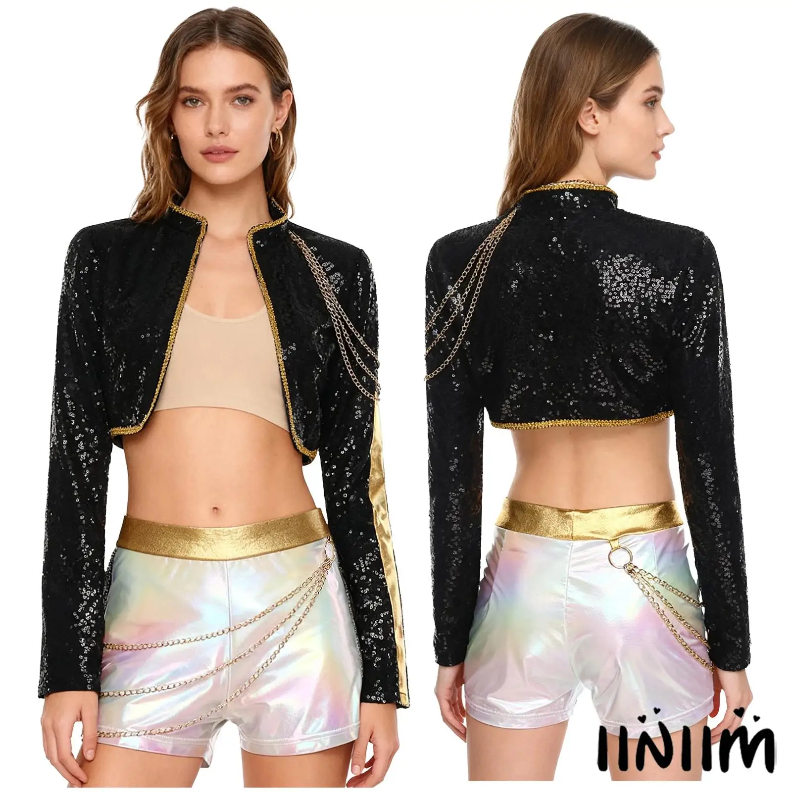 

Womens Jazz Hip-hop Dance Outfits Metal Chain Open Front Sequined Cardigan+Metallic Shorts for Halloween Singer Raves Party