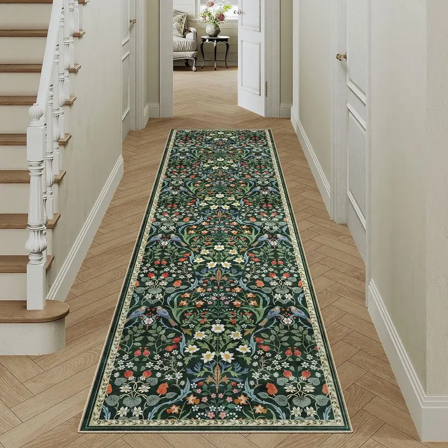 

Washable Dark Green Floral Runner Rug for Living Room NonSlip Soft Long Rug for Kids Room Boho Low Pile Stain Resistant Runner f