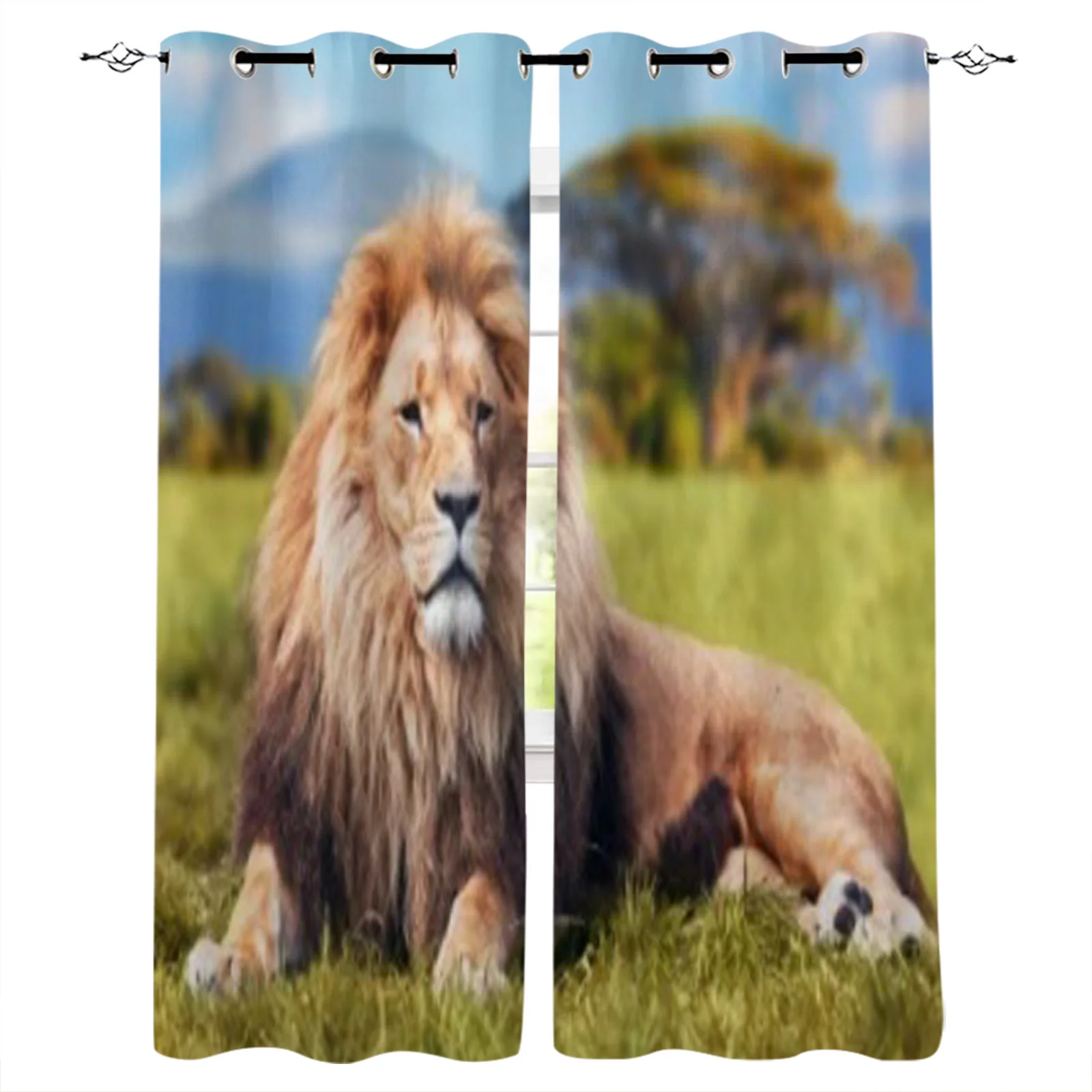 

Big Lion Lying On Savannah Grass Window Curtains Home Living Room Kitchen Home Textile Decoration Bedroom Curtains