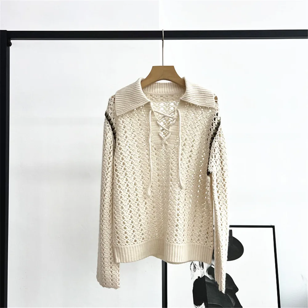 

Women's 25 Early Autumn New Style Lapel Pullover Drawstring Contrasting Color Hollowed Out Loose Cashmere Knit Sweater