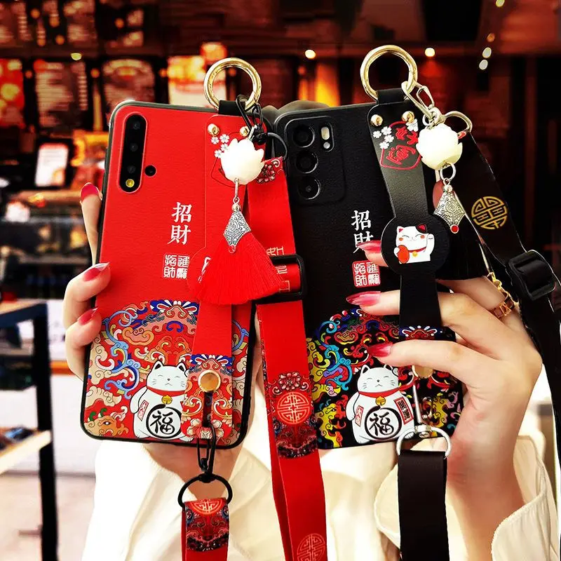 

Japanese Style Cartoon Lucky Cat with Tassel Hanging Rope Back Cover for Samsung Galaxy S25Ultra Galaxy S24 S23 S22 S21 Note20