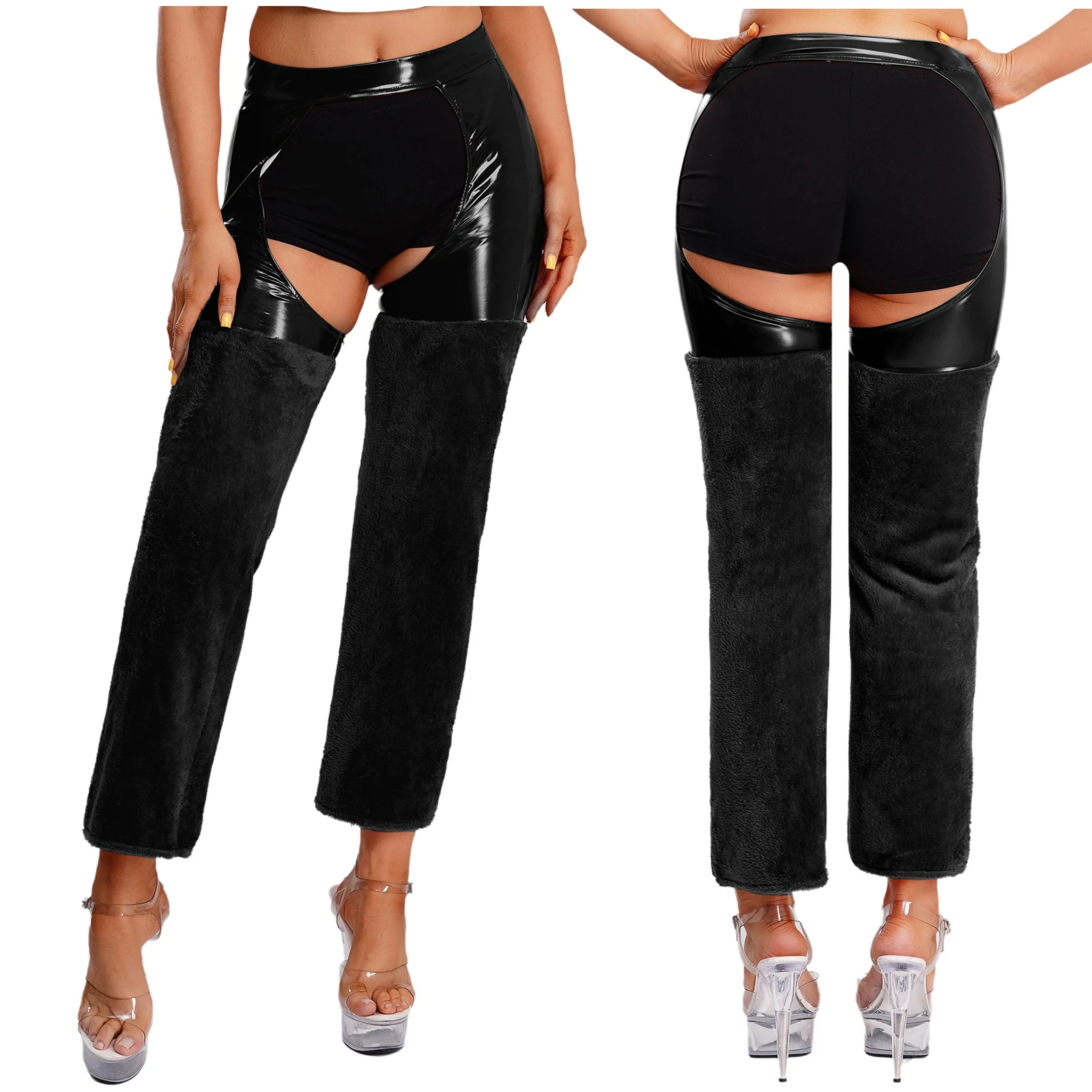 

Women Open Crotch PU Leather Chaps Pants Plush Flannel Wide Legs Patchwork Trousers for Club Raves Party Briefs Cover Pants