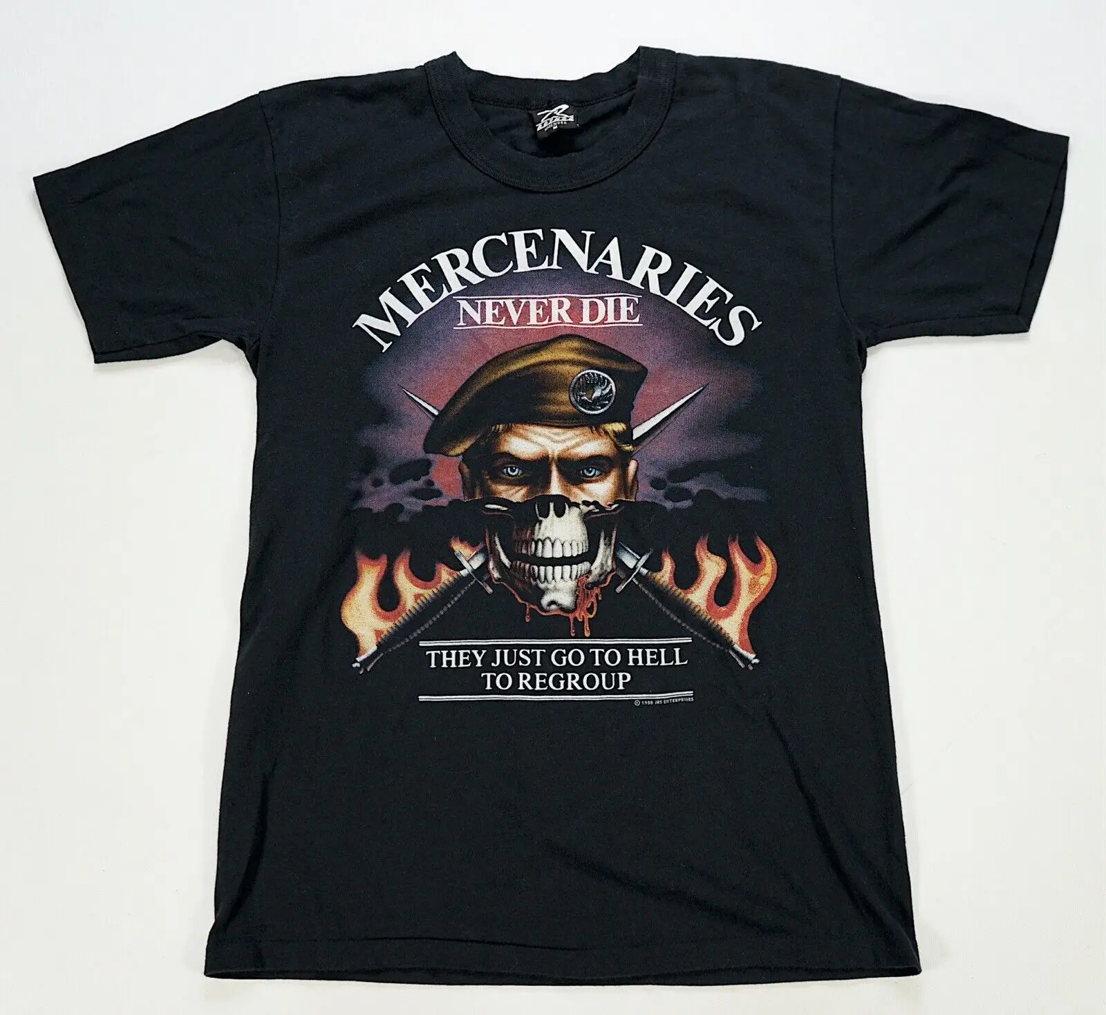 Rare VTG JRS Mercenaries Never Die They Just Regroup 1988 T Shirt 80s Black SZ M long or short sleeves