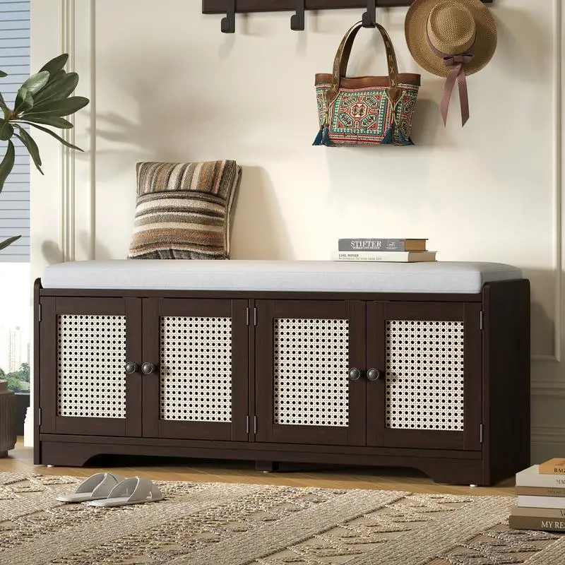 مقعد تخزين ريفي، مقعد أحذية خشبي متعدد الوظائف مع وسادة قابلة للإزالة، وأبواب الروطان المنسوجة وأرفف قابلة للتعديل #2