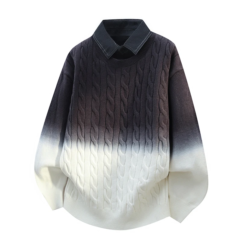 

Men's Knitted Loose Fit Shirt Collar Sweater Fake Two-Piece Casual Style Gradient Color Twist Design Autumn Winter New Arrival