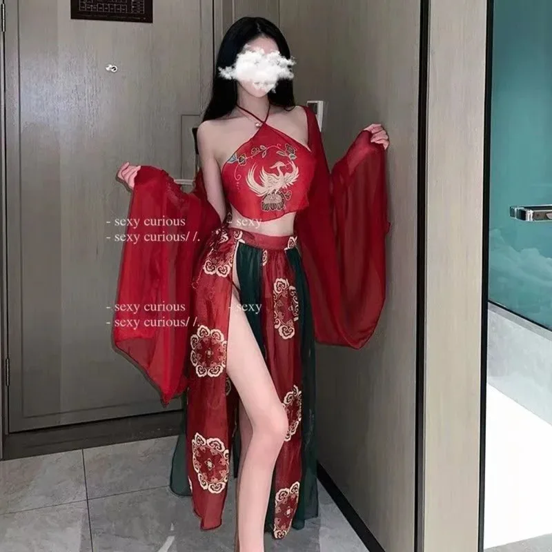 

Women's Red Hanfu Lingerie Imperial Flying Fairy Uniform Hot Shawl Pajamas Bandage Skirt Set Traditional Chinese Lingerie
