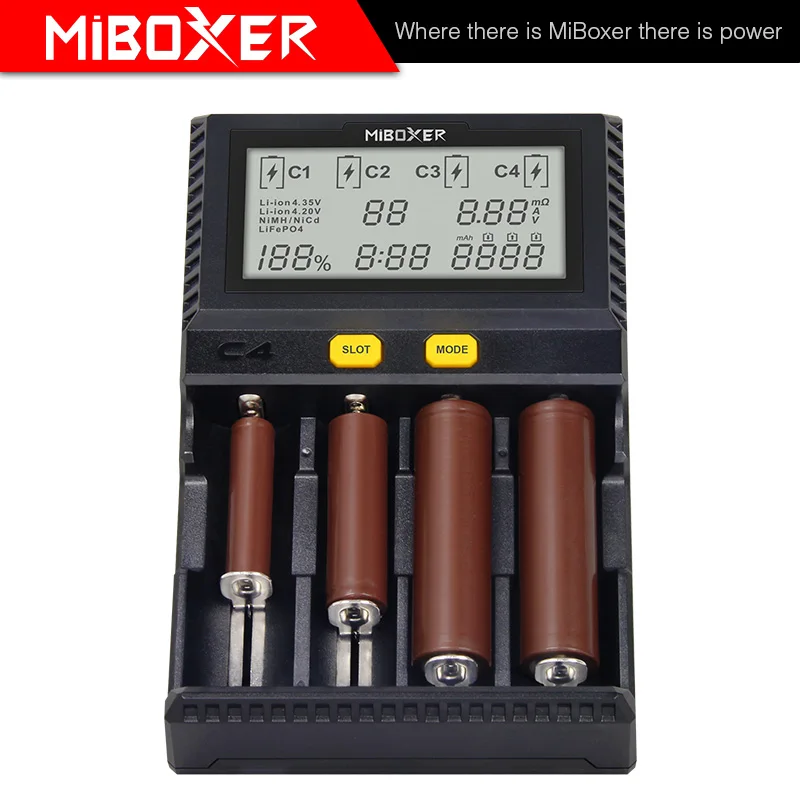 MiBoxer C4 Battery Smart Charger Double AA Max 2.5A/Slot Super Fast 18650 14500 26650 Charger discharge Charge function