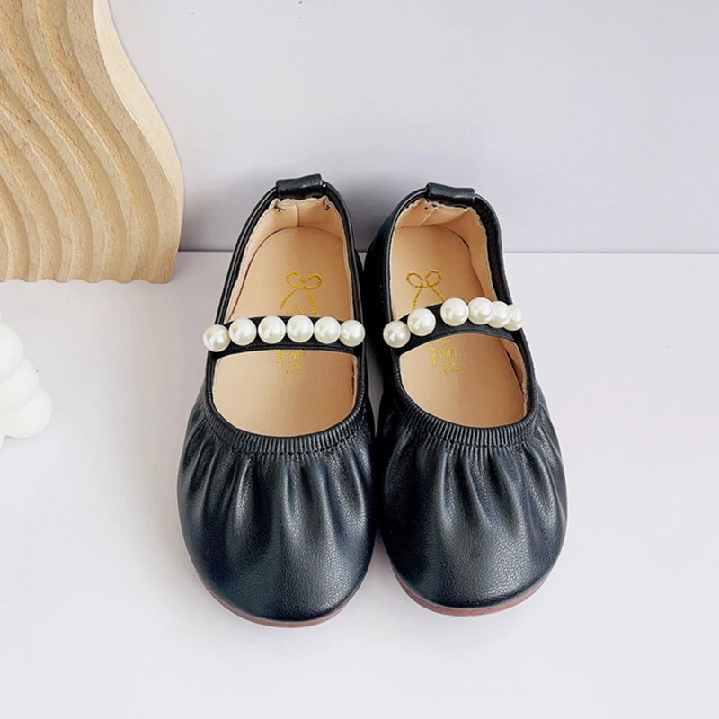 Children's PU Leather Princess Shoes Girls Soft Sole Pearl Single Flat Shoes Fashion Baby Kids Wedding Shoes