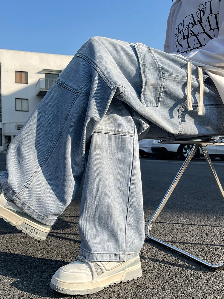 

Мужские джинсы American Sle Light Blue Waed Workwear, весна-лето, модные, свободные, прямые, широкие штанины, повседневные, для подростков, длинные...