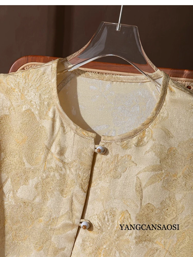 Kemeja Emas Wanita Berbahan Sutra Mulberry Alami 35% dan Wol 65% dengan Kerah Bulat dan Lengan Panjang yang Modis