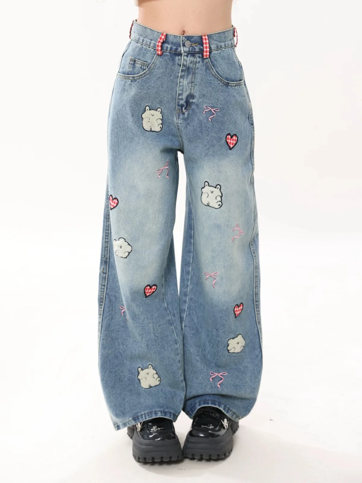 

Y2K Cartoon Jeans Women Embroidered Denim Pants American Retro Loose Straight Wide Leg Floor Length Versatile Trousers