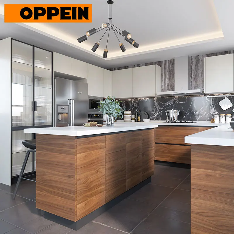 For OPPEIN Mid-Size Contemporary Eat-in Kitchen Cabinets White Medium Wood Grain Sink Faucet Hinge Drawer Slide for Apartments
