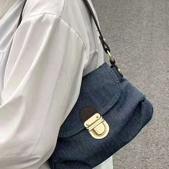 Trendy Fashionable Handbag For Women Retro Versatile Color Block Crossbody Underarm Bag With Denim Lock And Pleats For Girl Gift