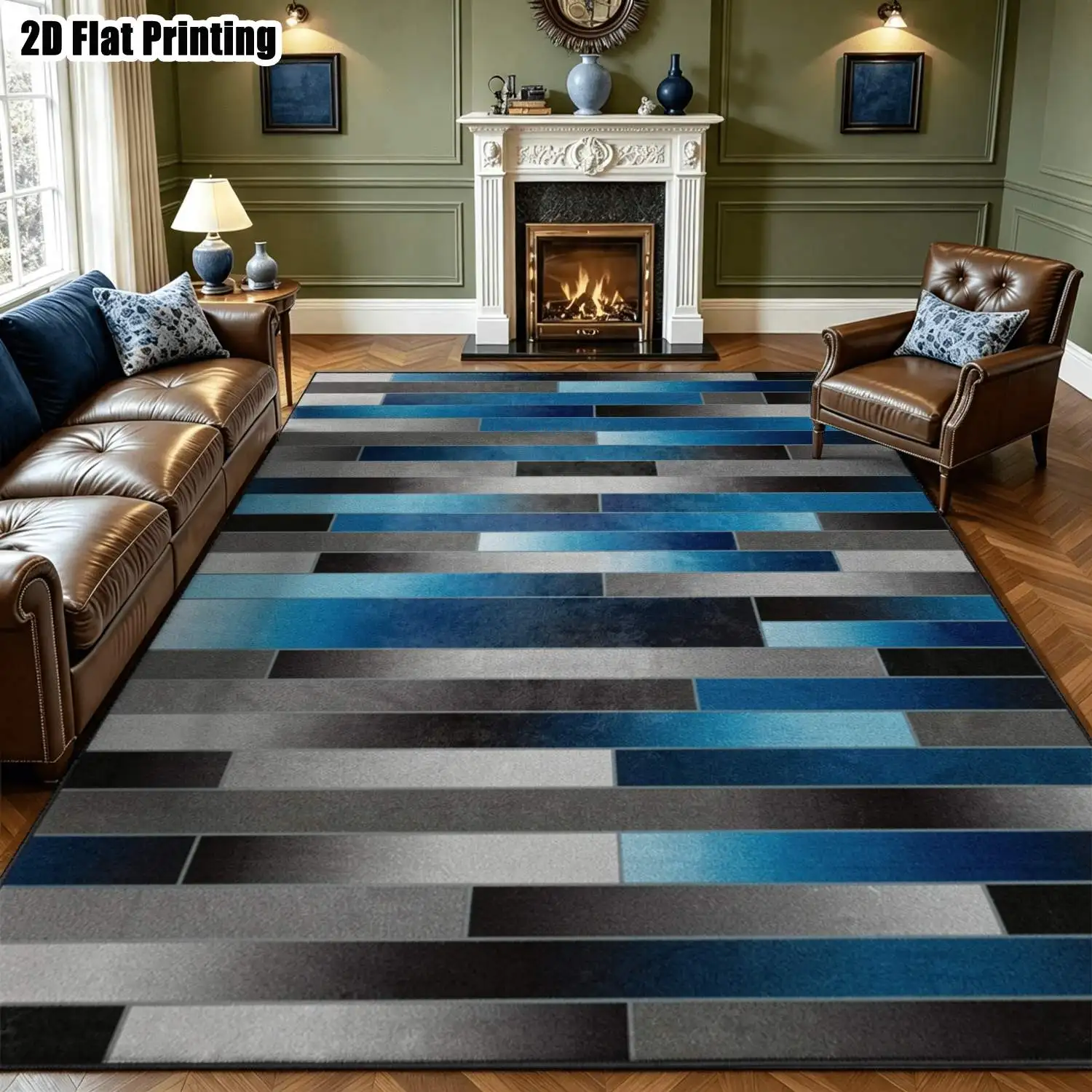 1Pc 2D Printed Blue-Grey Geometric Striped Nordic/Instagram Style Carpet, Modern Minimalist Home Decor Floor Mat, Multiple Sizes, Machine Washable, for Entrance, Dining Room, Foyer, Bedroom, Living Room