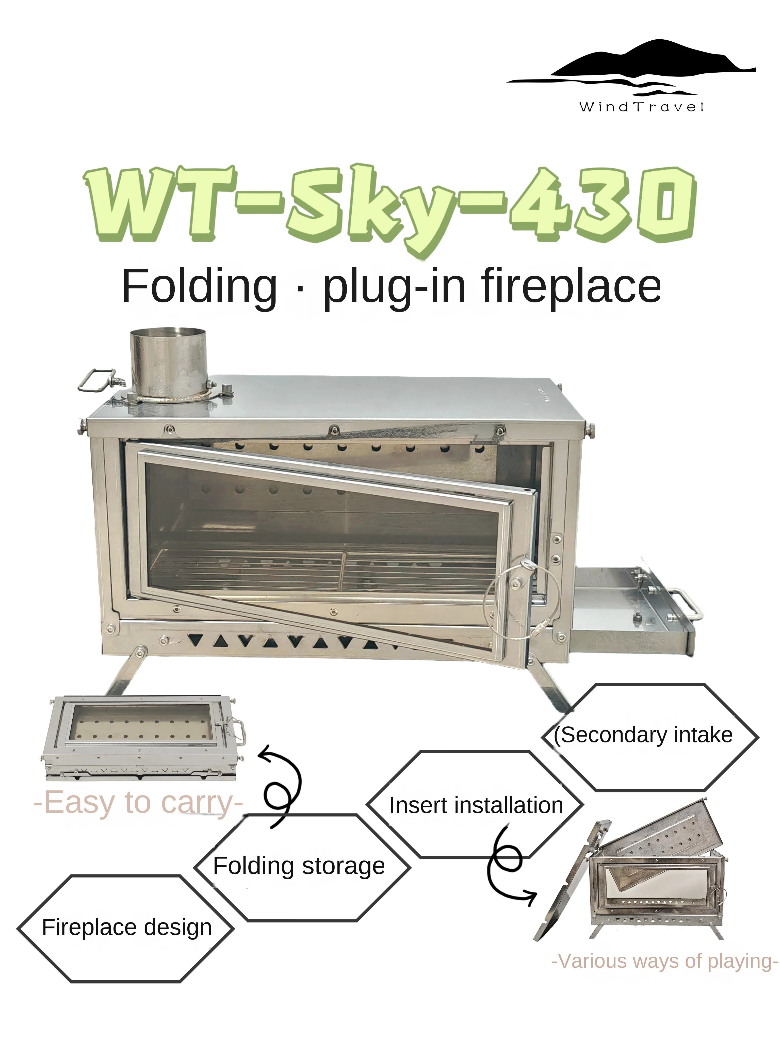 

WT-Sky-430 Folding Fireplace Multifunctional Wood Stove Secondary Air Intake Outdoor Camping Heating Stove