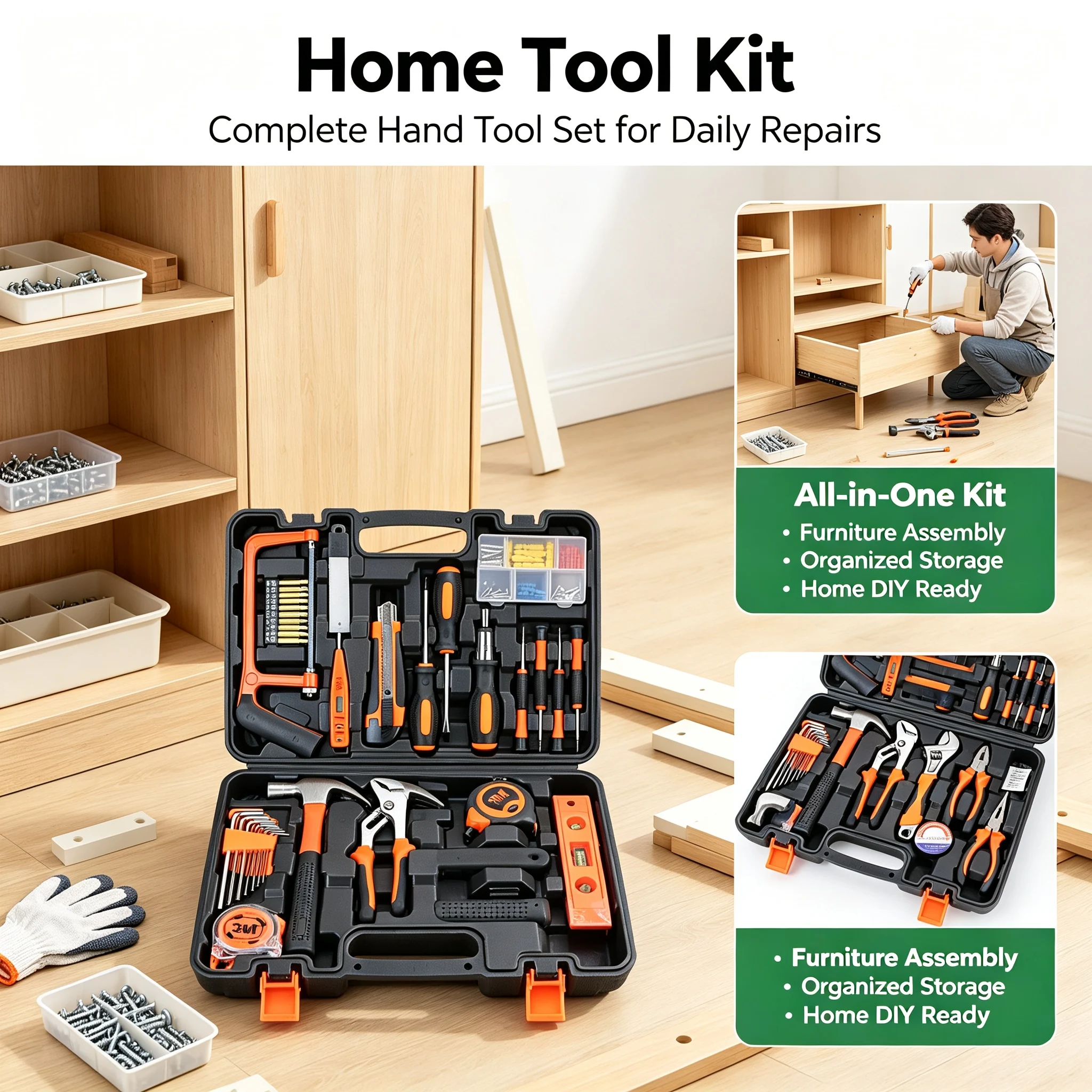 Household Hardware Hand Tool Kit Comprehensive Repair Tool Set Portable for Apartment Renovation Daily Handwork Task