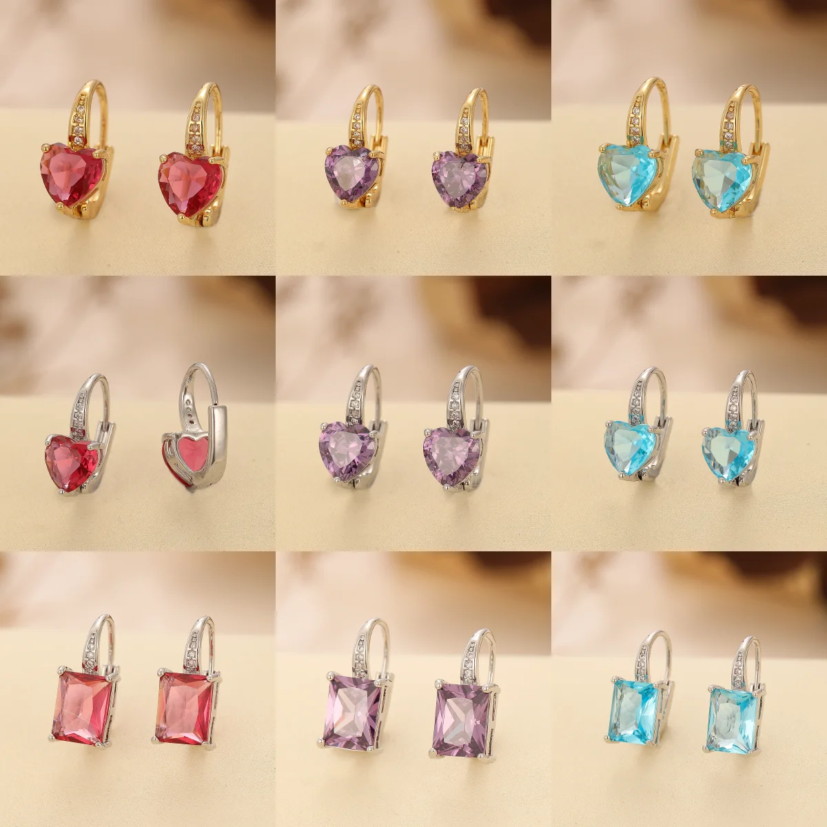 Elegant and versatile in Europe and America, women's oval, square, heart-shaped, colored ruby, zircon earrings as gifts for fami