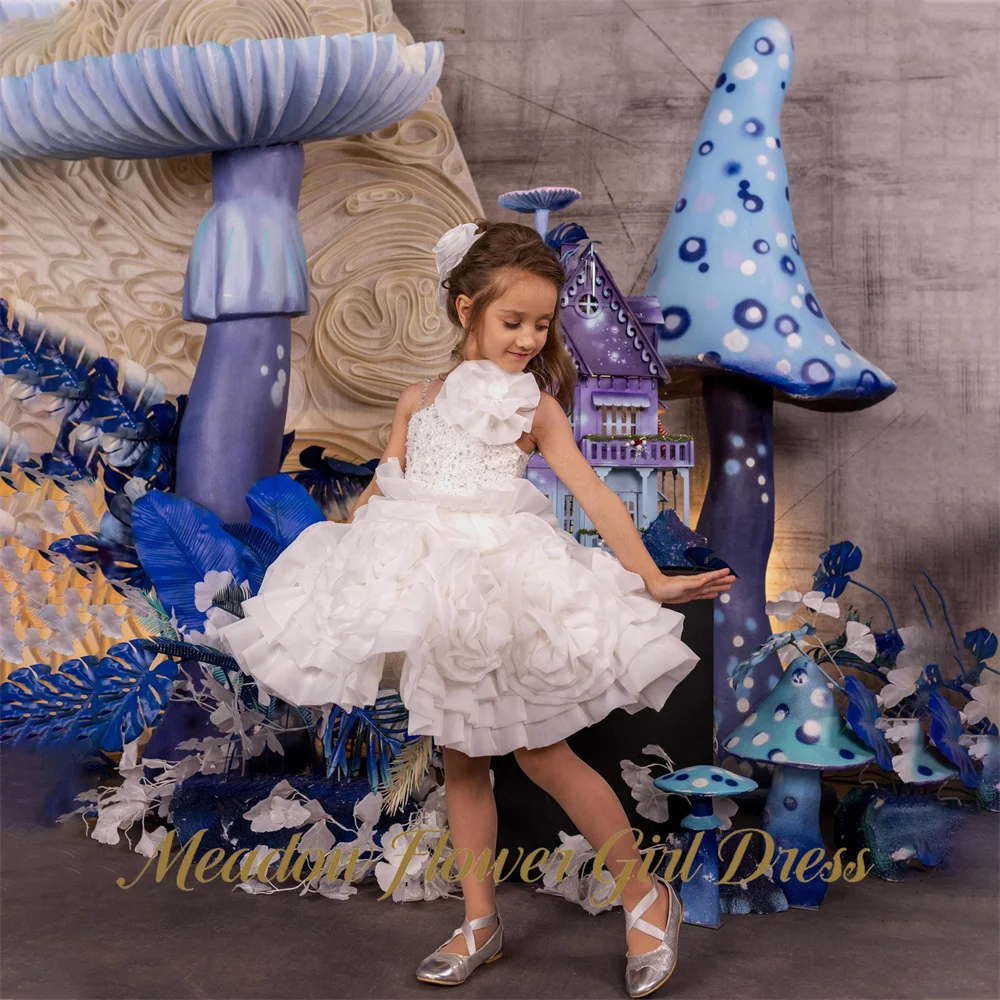 Meadow Cream White Princess Girls Dress Rhinestone Spaghetti Strap Ball Gown Party Tutu Dresses Modest Tutu Fluffy Prom Gown
