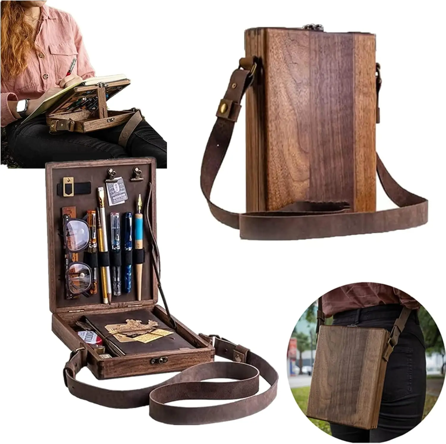 

Writers Messenger Wood Box Portable Artist Tool Bag Painting Brush Tool Storage Sketch Box Easel for Outdoor Painting