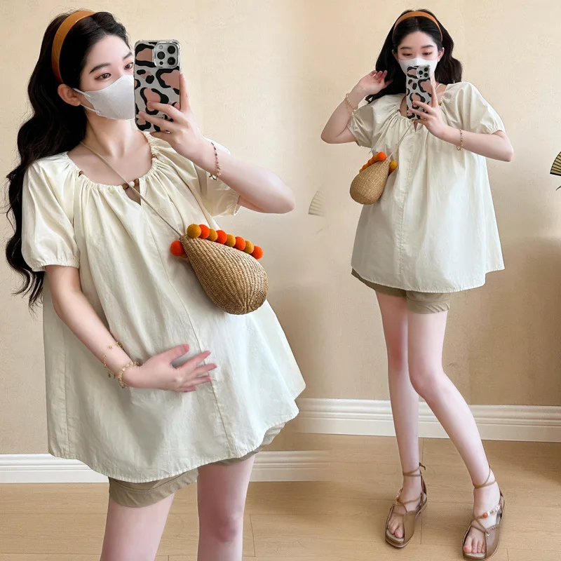 Maternity Set 2026 Summer New Sweet Cute Breathable Comfortable Short Sleeve Doll Shirt And Shorts Two Piece Set For Pregnancy - view 6