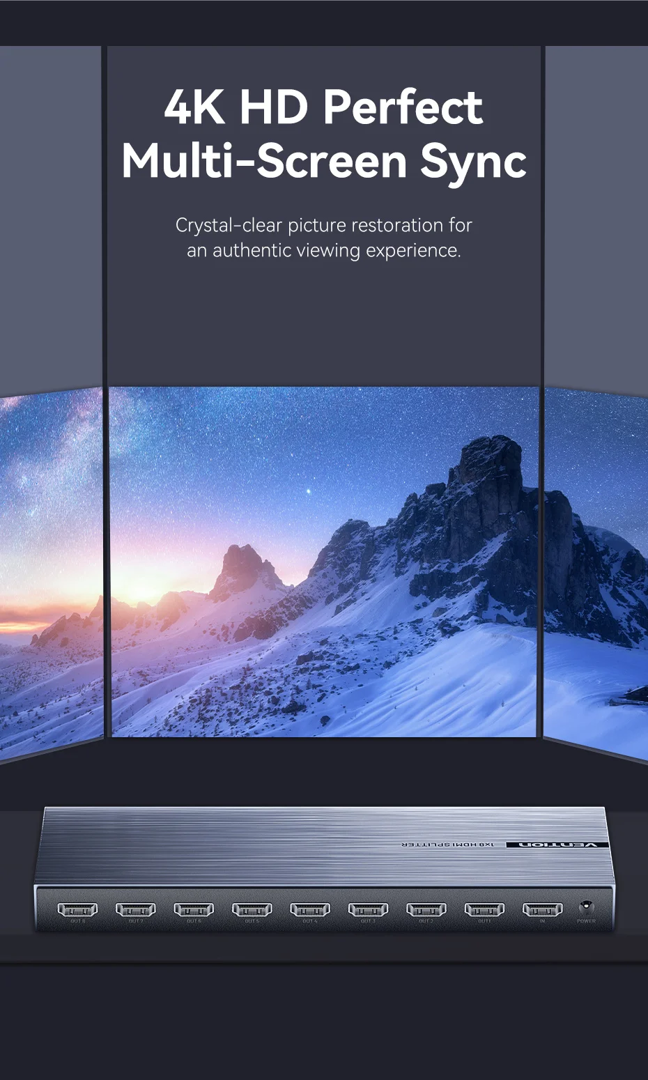 Intervention HDMI Splitter 1 in 8 Out Adapter 4k 60Hz HDMI 2.0 1x8 Umschalter mit Netzteil für TV Xbox PS4 Blu-ray Player HD-Kabel – Detail 5