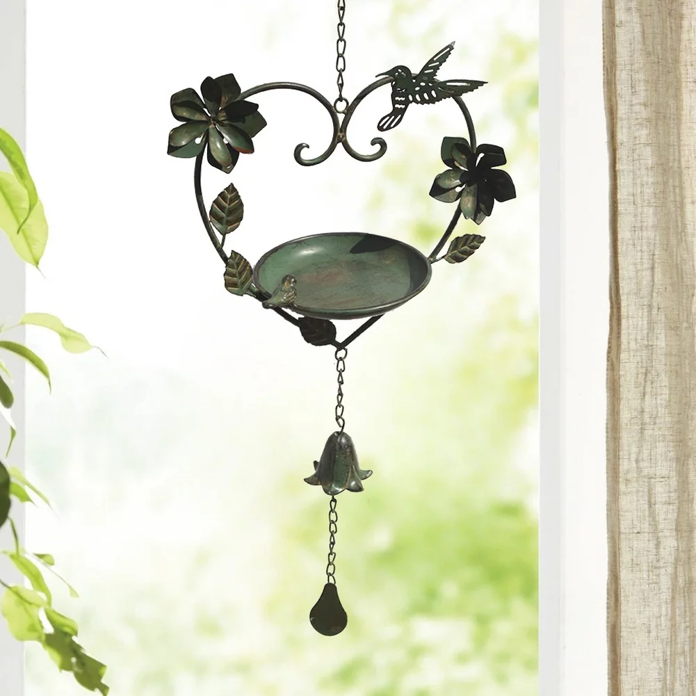 Heart Formed Bird Feeder with Bell for Outdoor Garden Use Rustic Green Iron Construction Rustic Decor All Season Durability